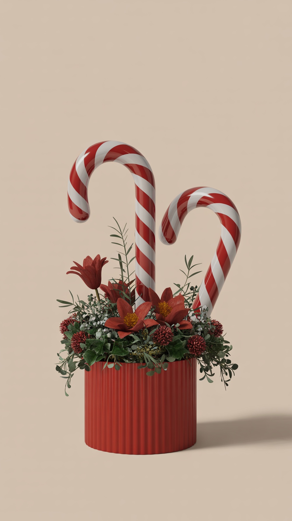 A colorful candy cane planter with red and white striped canes and seasonal flowers.