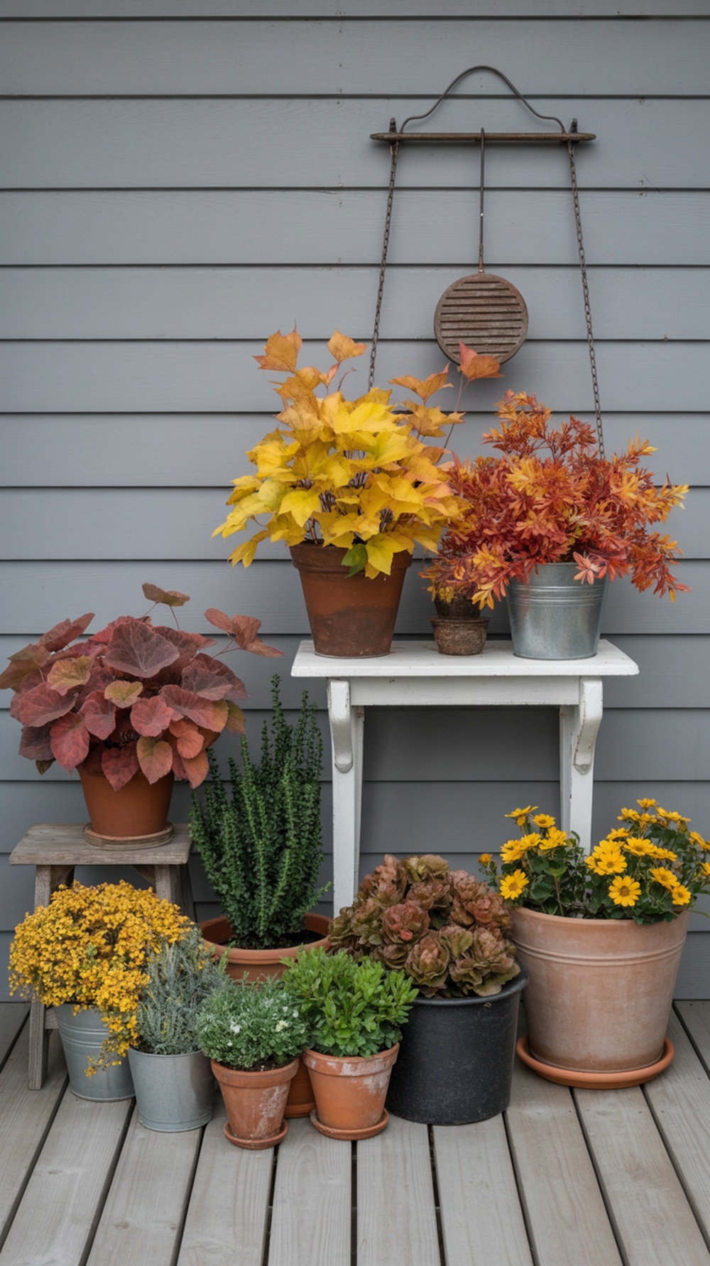 Colorful fall foliage arrangements on a porch with various potted plants.