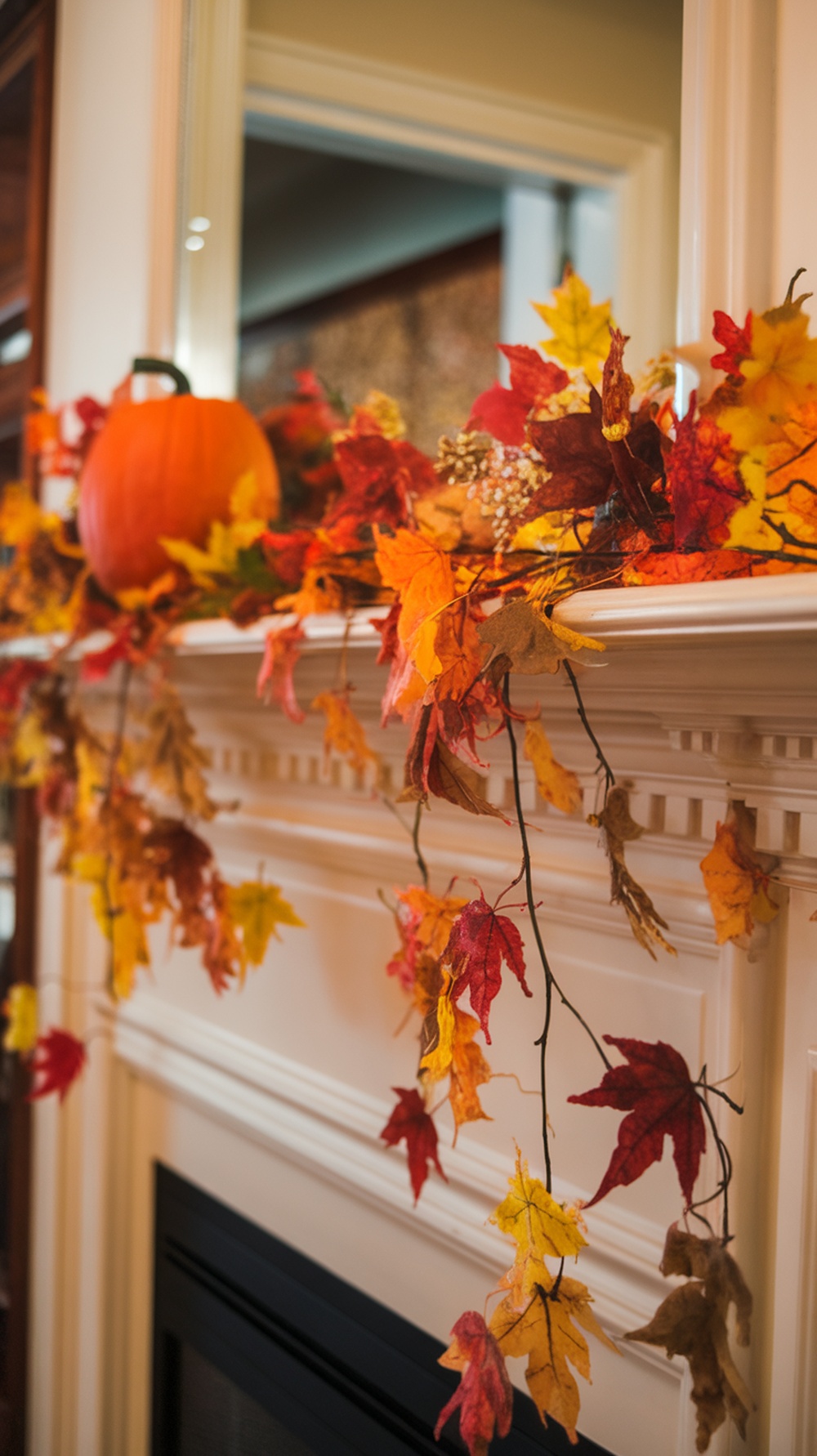A mantel decorated with colorful fall leaves and a pumpkin.