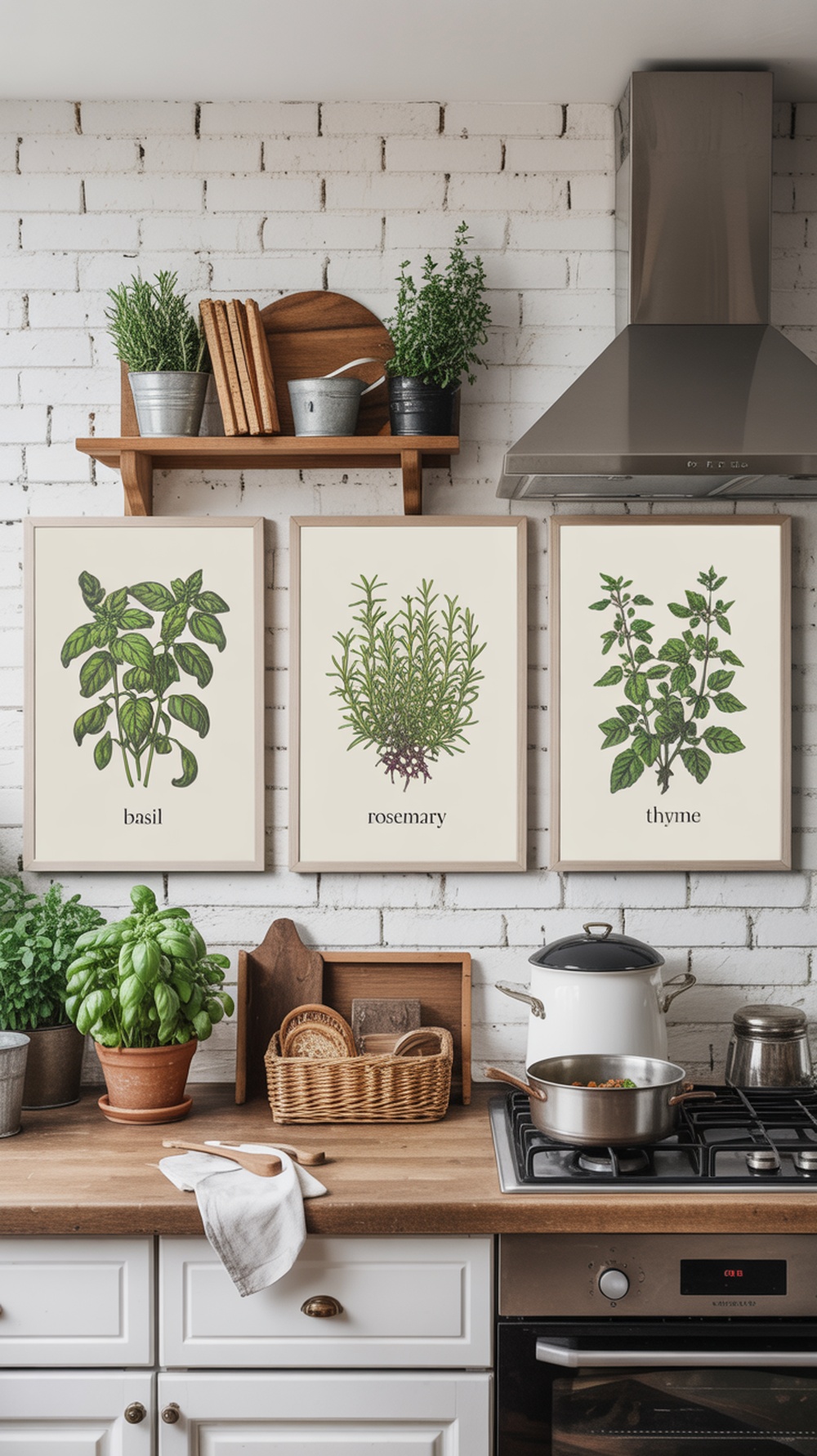 Colorful herb garden prints featuring basil, rosemary, and thyme framed on a kitchen wall.