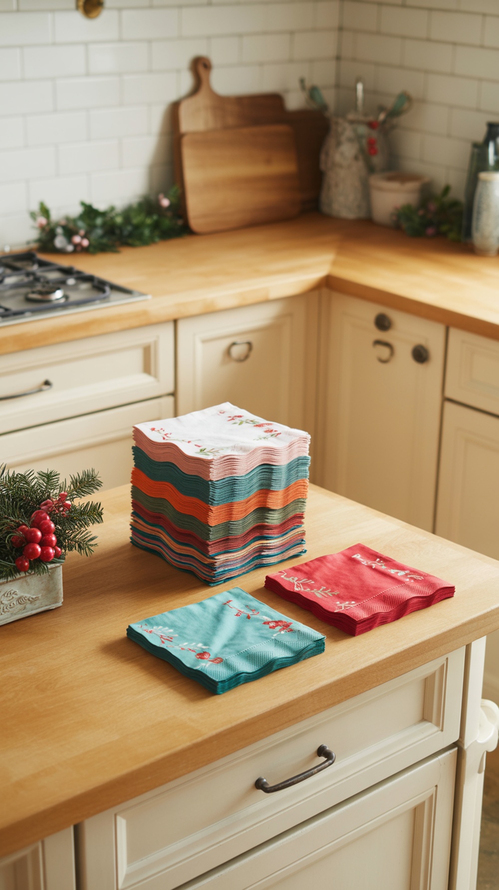 Colorful holiday napkins displayed on a kitchen island with a festive arrangement.