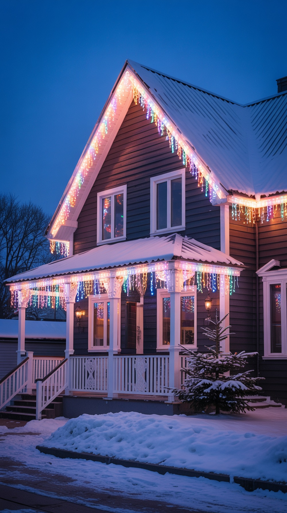 A house decorated with colorful LED icicle lights during winter.