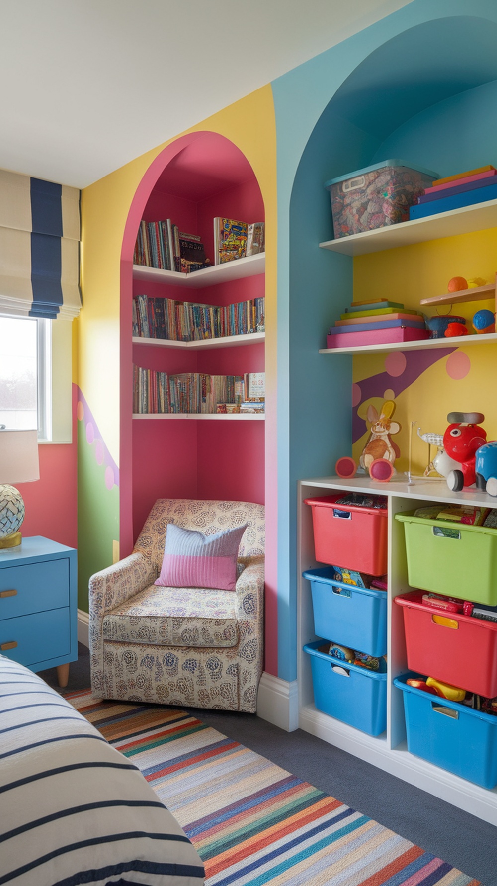 A colorful kids bedroom featuring bright walls, a cozy chair, shelves with toys and books, and a striped rug.