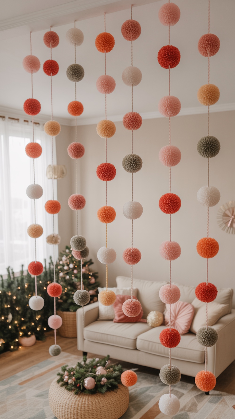 Colorful pom-pom garlands hanging in a cozy living room with a Christmas tree.