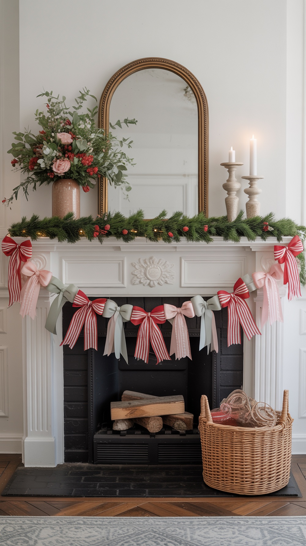 A beautifully decorated Christmas fireplace mantel featuring colorful ribbons and bows, a floral arrangement, and candles.