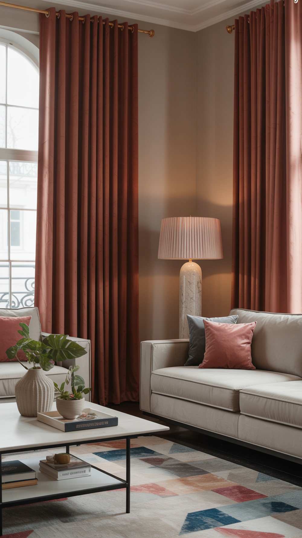 A cozy living room featuring deep rust-colored velvet curtains, a light-colored sofa with decorative cushions, and a stylish coffee table.
