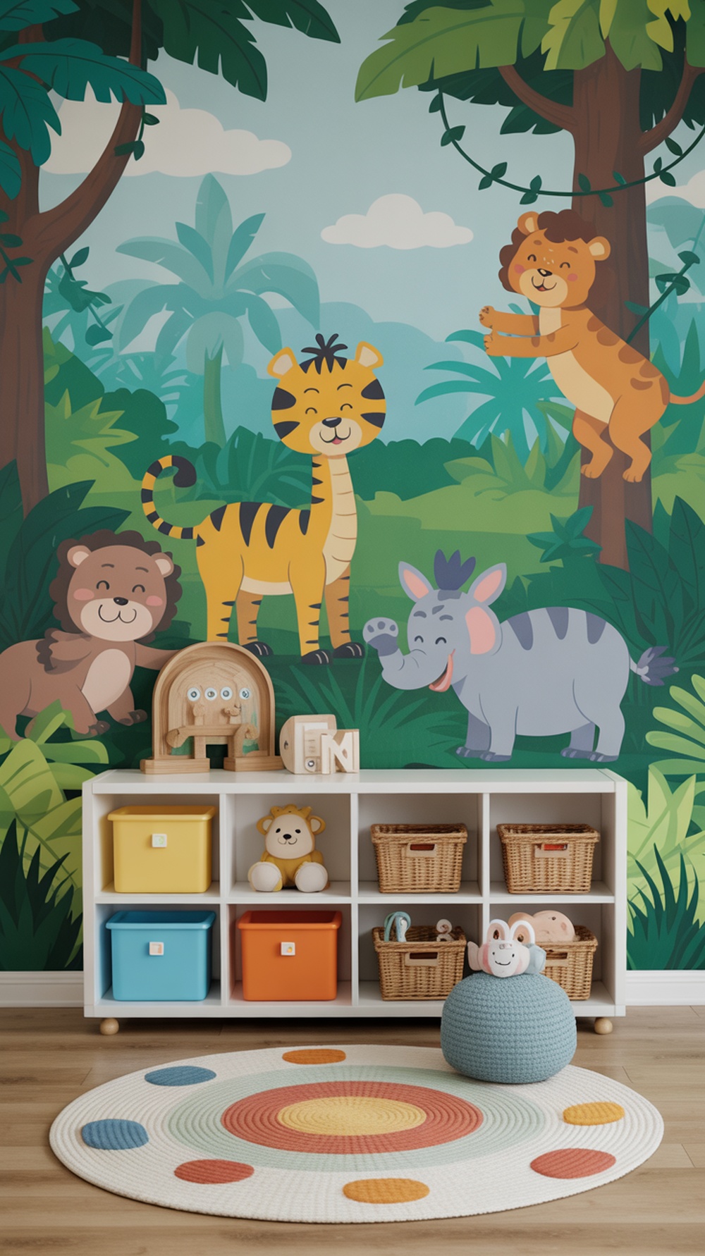 Colorful wall mural featuring cartoon animals in a jungle setting