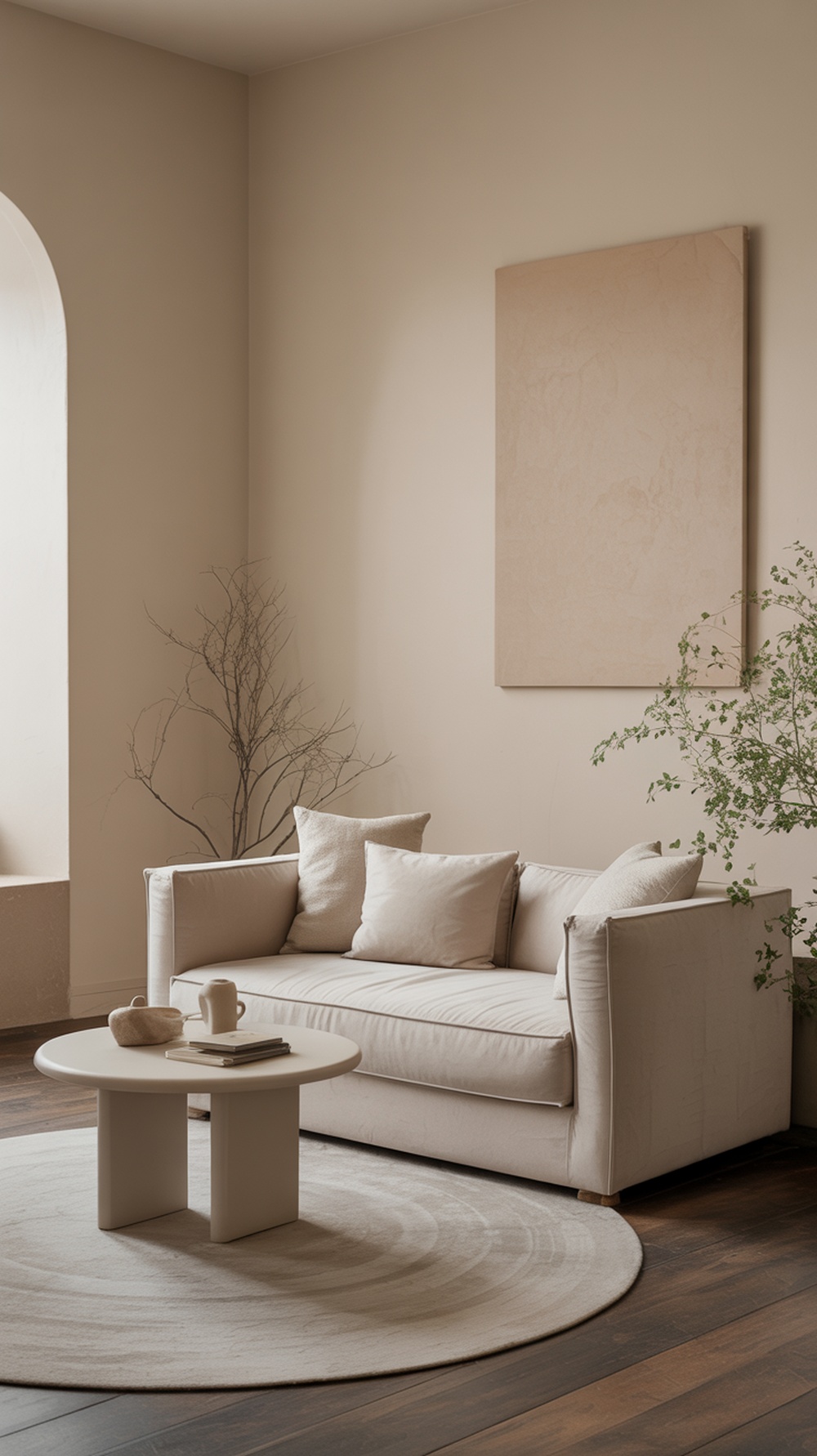 A minimalist modern living room featuring a soft beige sofa with cushions, a round coffee table, and a small plant, creating a cozy atmosphere.
