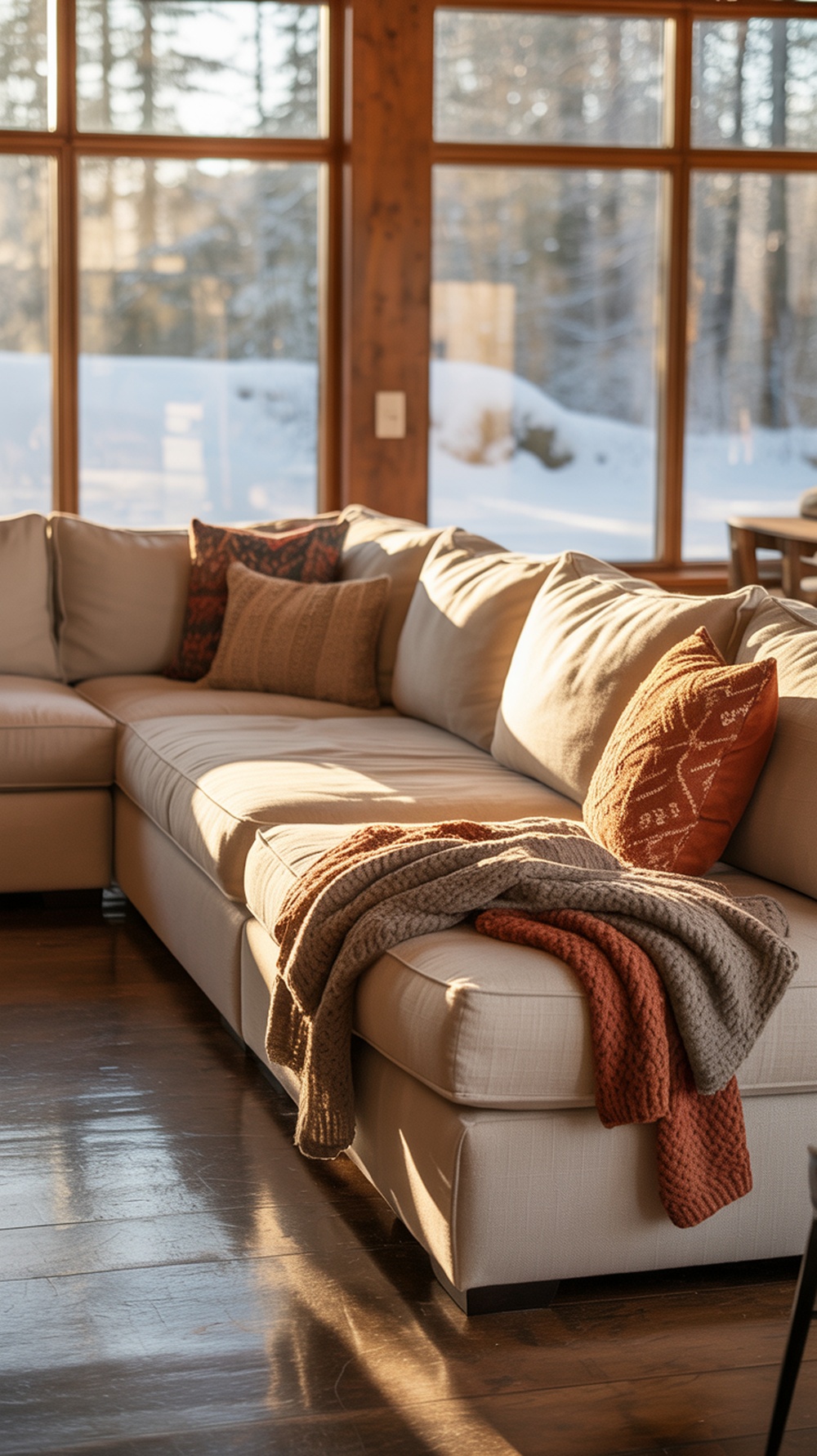 A cozy cabin living room featuring a comfortable sectional sofa with throw pillows, wooden beams on the ceiling, and a stone fireplace.