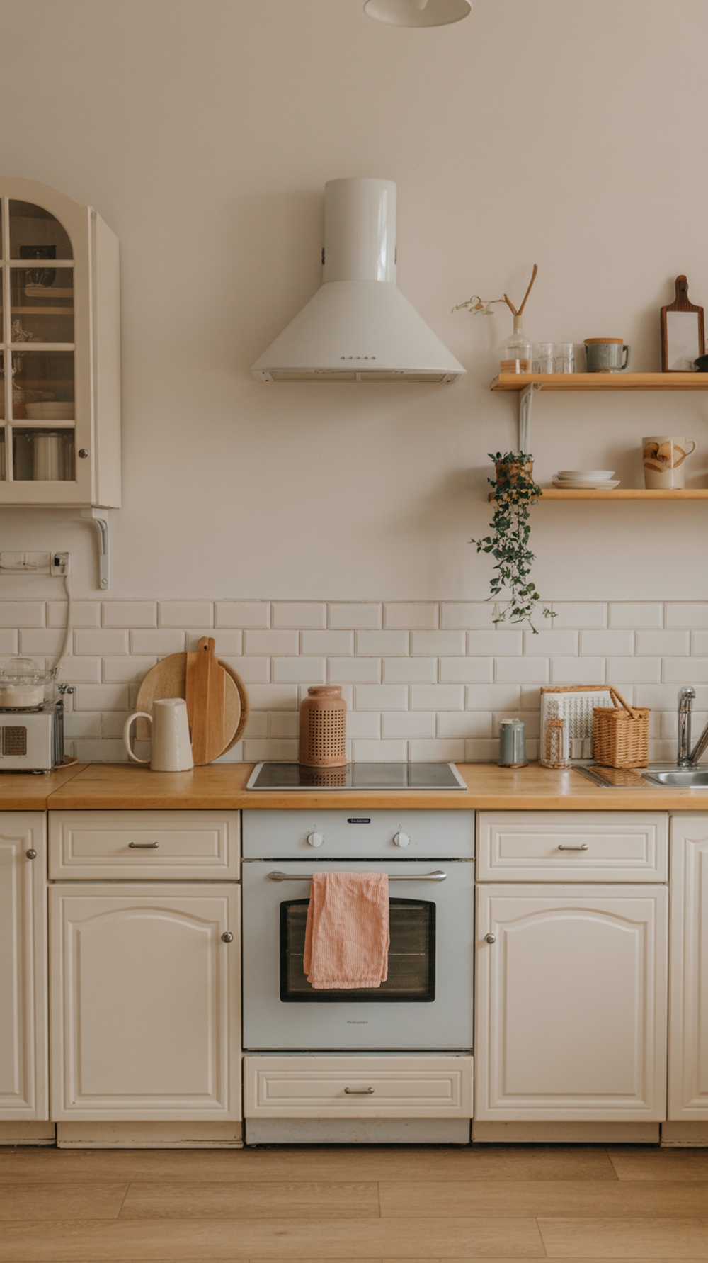 Compact kitchen with integrated appliances and open shelving