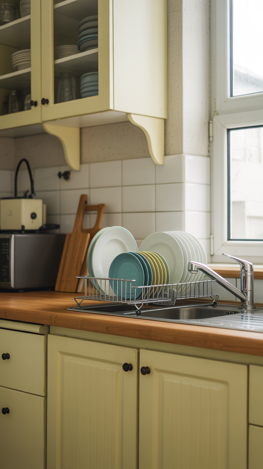 A compact dish drying rack with colorful plates next to a sink in a small kitchen.
