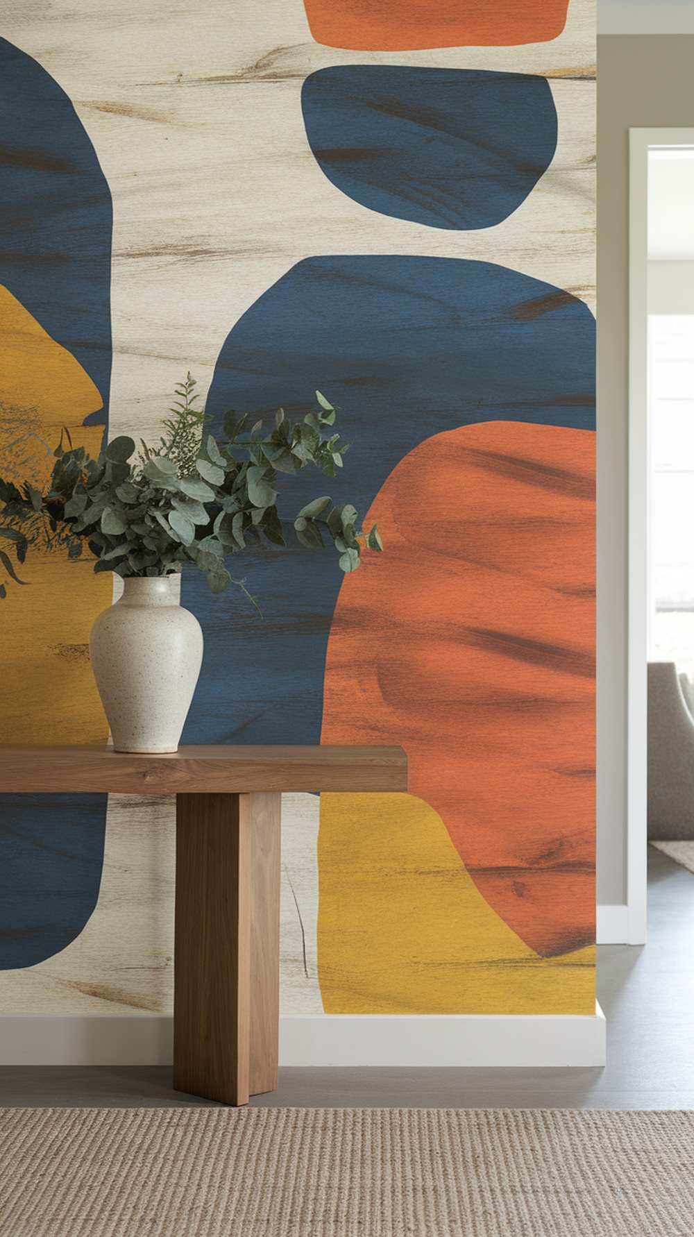 Contemporary abstract wallpaper in an entryway with bold shapes and colors.