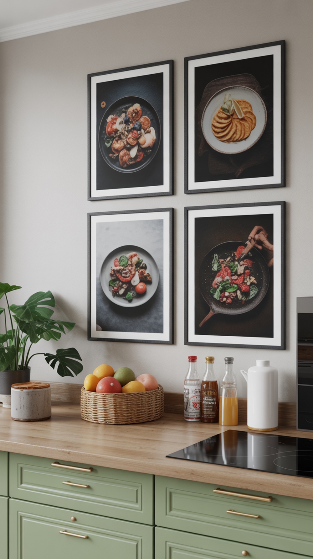 Contemporary food photography displayed on kitchen wall, featuring colorful dishes and a hand stirring a meal.