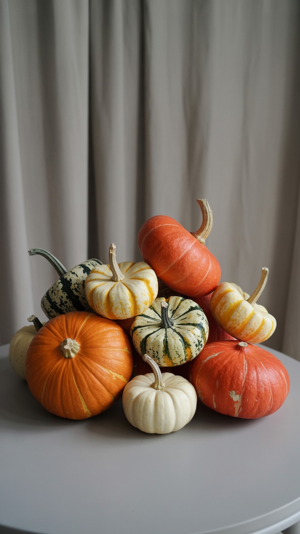 A modern arrangement of pumpkins in various colors and sizes on a table.