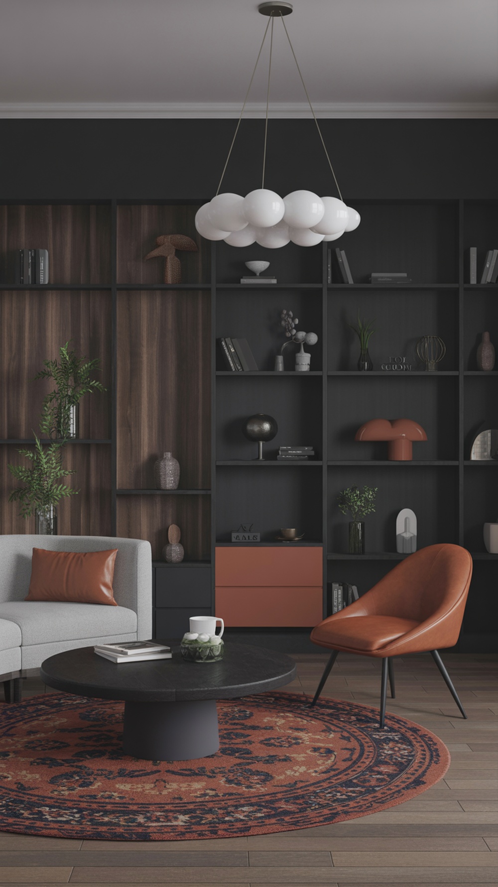 A stylish living room featuring a dark wall, light furniture, and colorful decor.