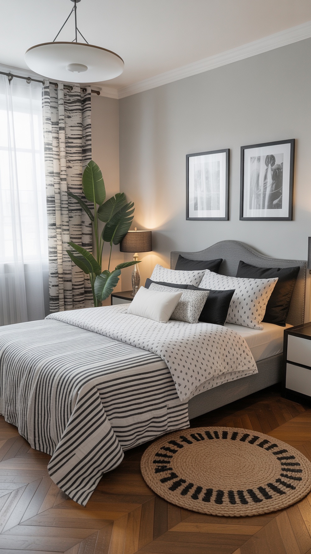 A stylish black and white bedroom featuring striped bedding, dotted pillows, and patterned curtains.