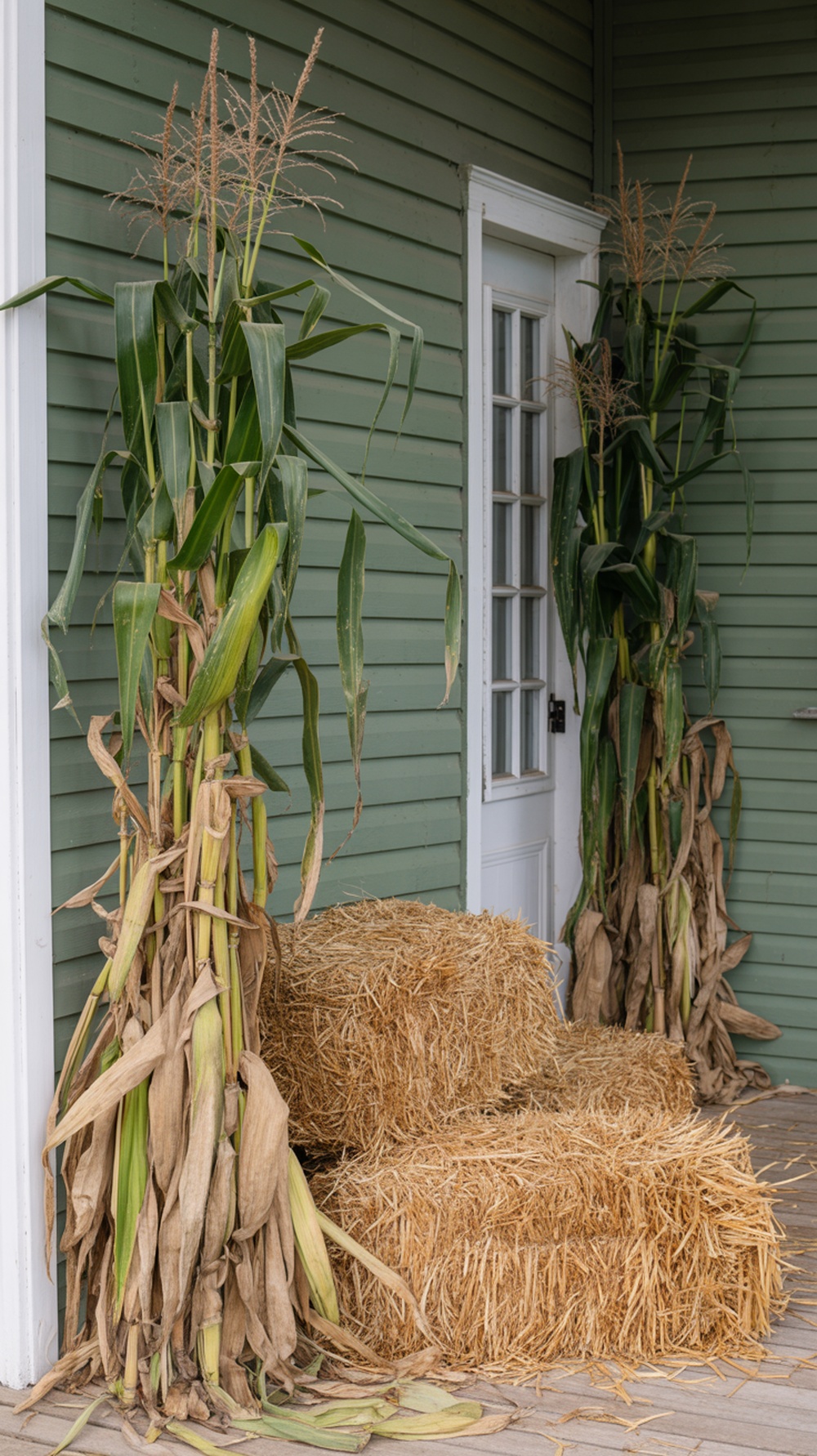 Tall cornstalks and hay bales arranged on a porch