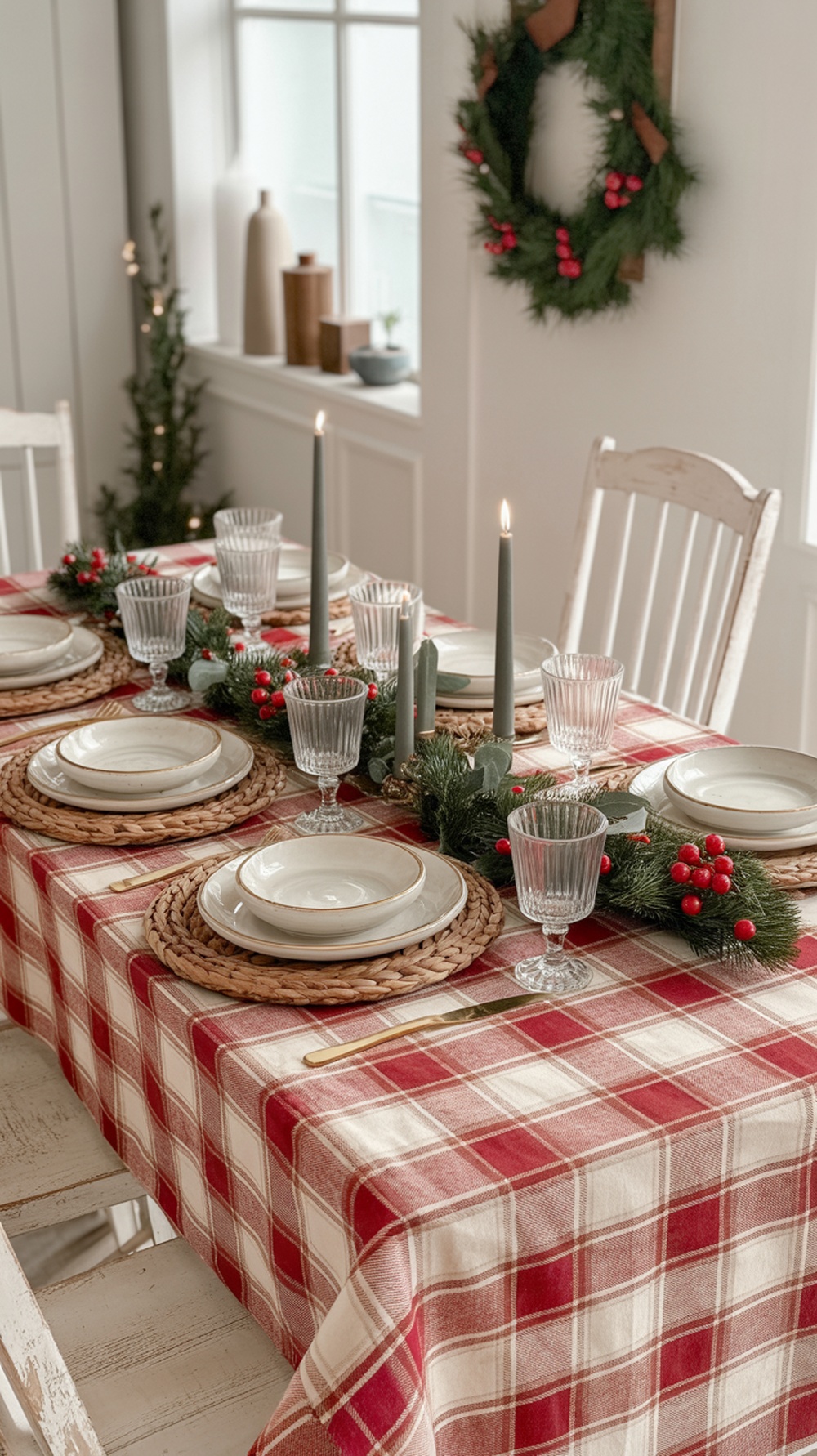A cozy cottage-themed Christmas table setting with a red and white plaid tablecloth, elegant dishware, and festive decorations.