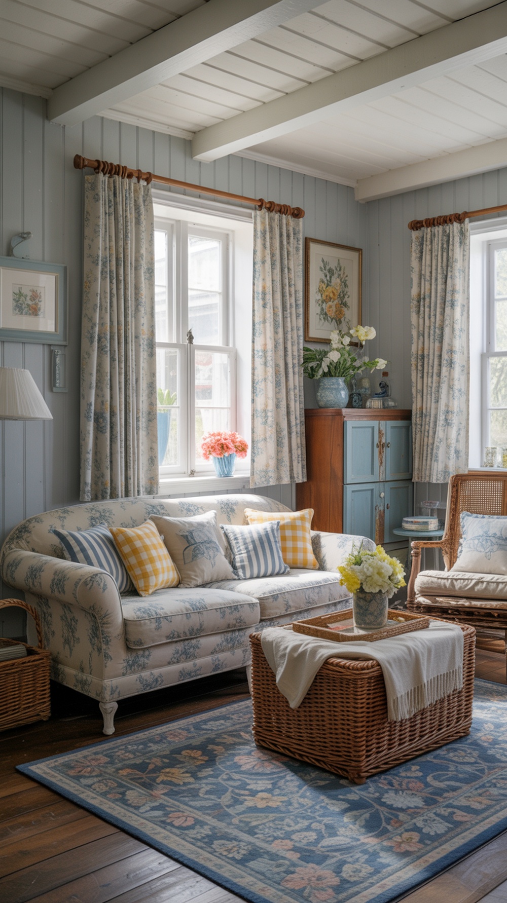 Cozy living room with blue walls, floral curtains, and yellow accents