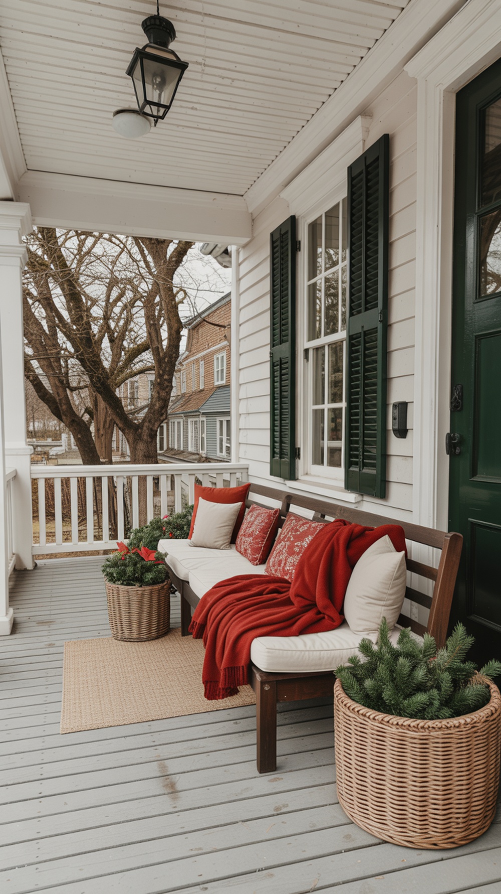 A cozy front porch decorated for Christmas with pillows and a red blanket on a bench.