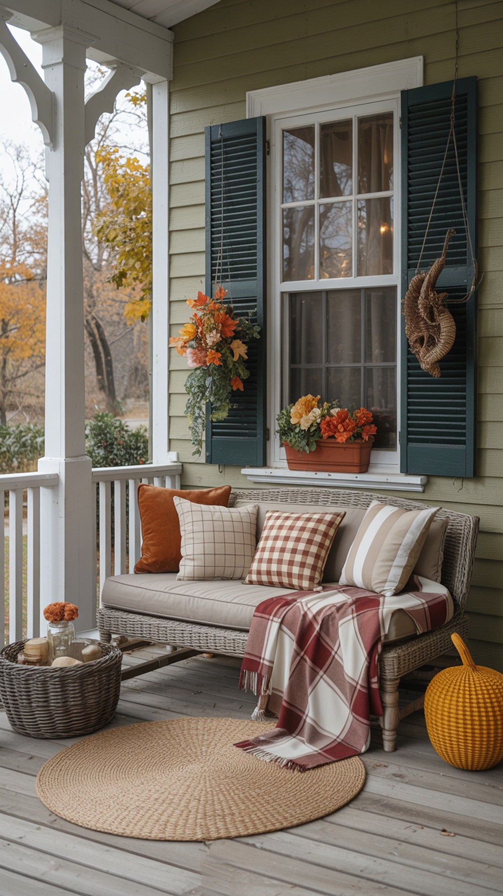 Cozy porch seating area with pillows and a blanket for Thanksgiving decorations