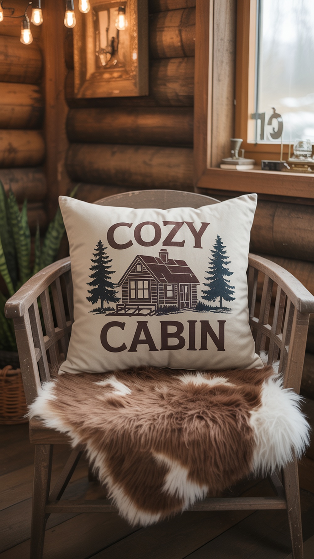 A throw pillow with the words 'COZY CABIN' and an illustration of a cabin and trees, placed on a wooden chair with a fur throw.