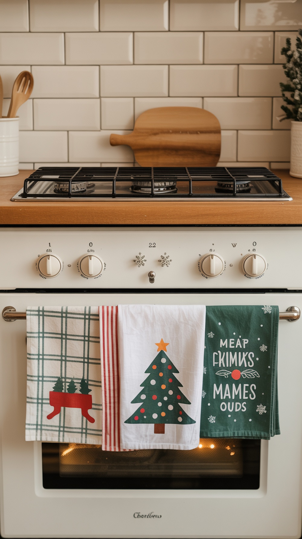 Three Christmas-themed dish towels hanging by a stove, featuring a green plaid pattern, a Christmas tree design, and festive phrases on a green towel.