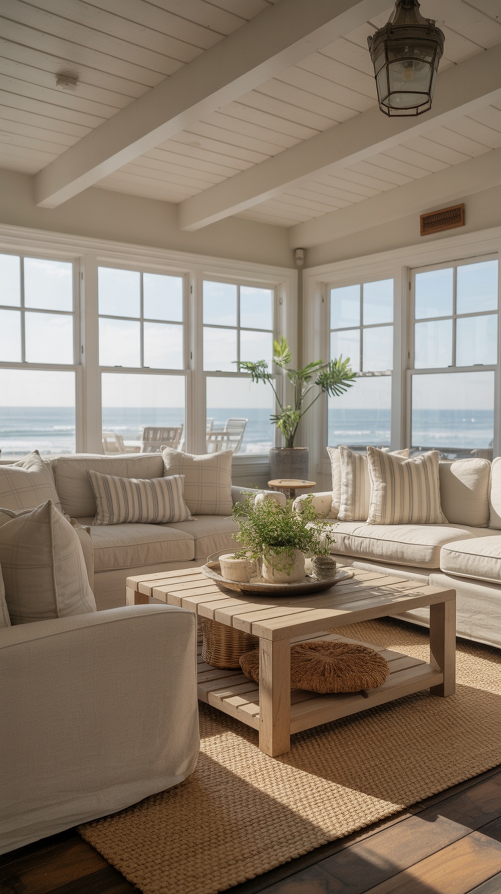 Cozy coastal living room with a sectional sofa, wooden coffee table, and ocean view.