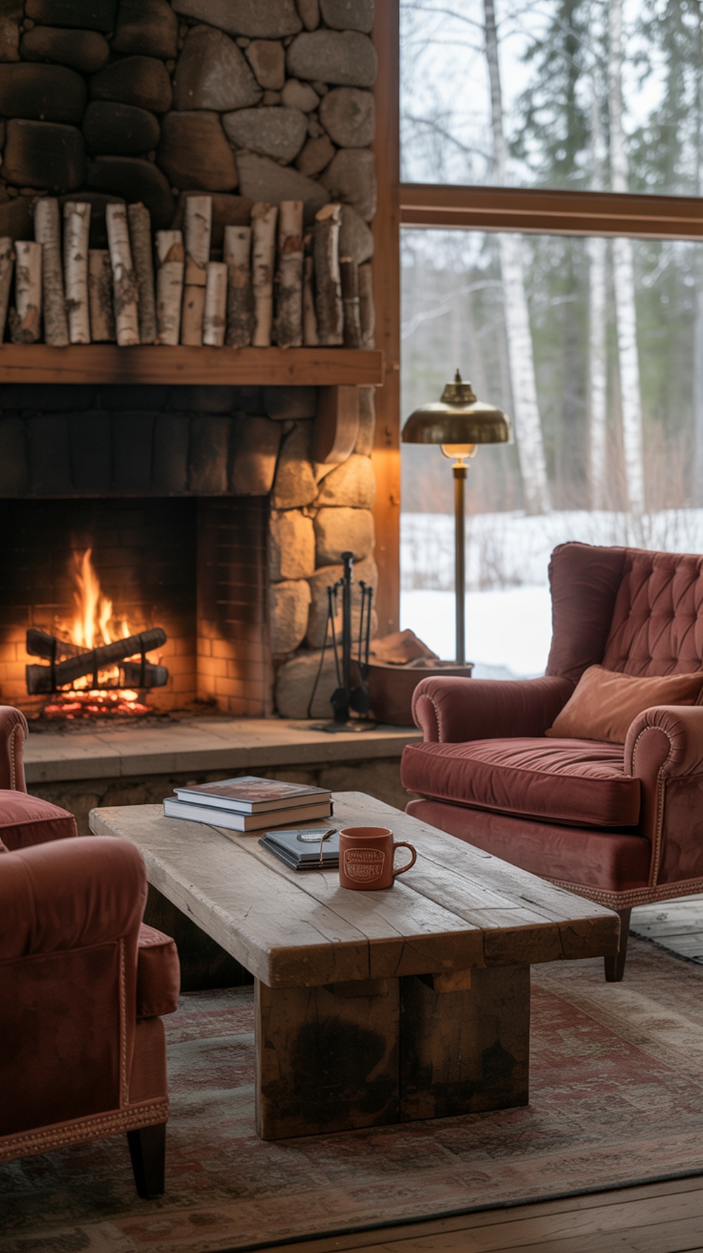 A cozy cabin living room featuring a stone fireplace with a wooden mantel, surrounded by comfortable seating.