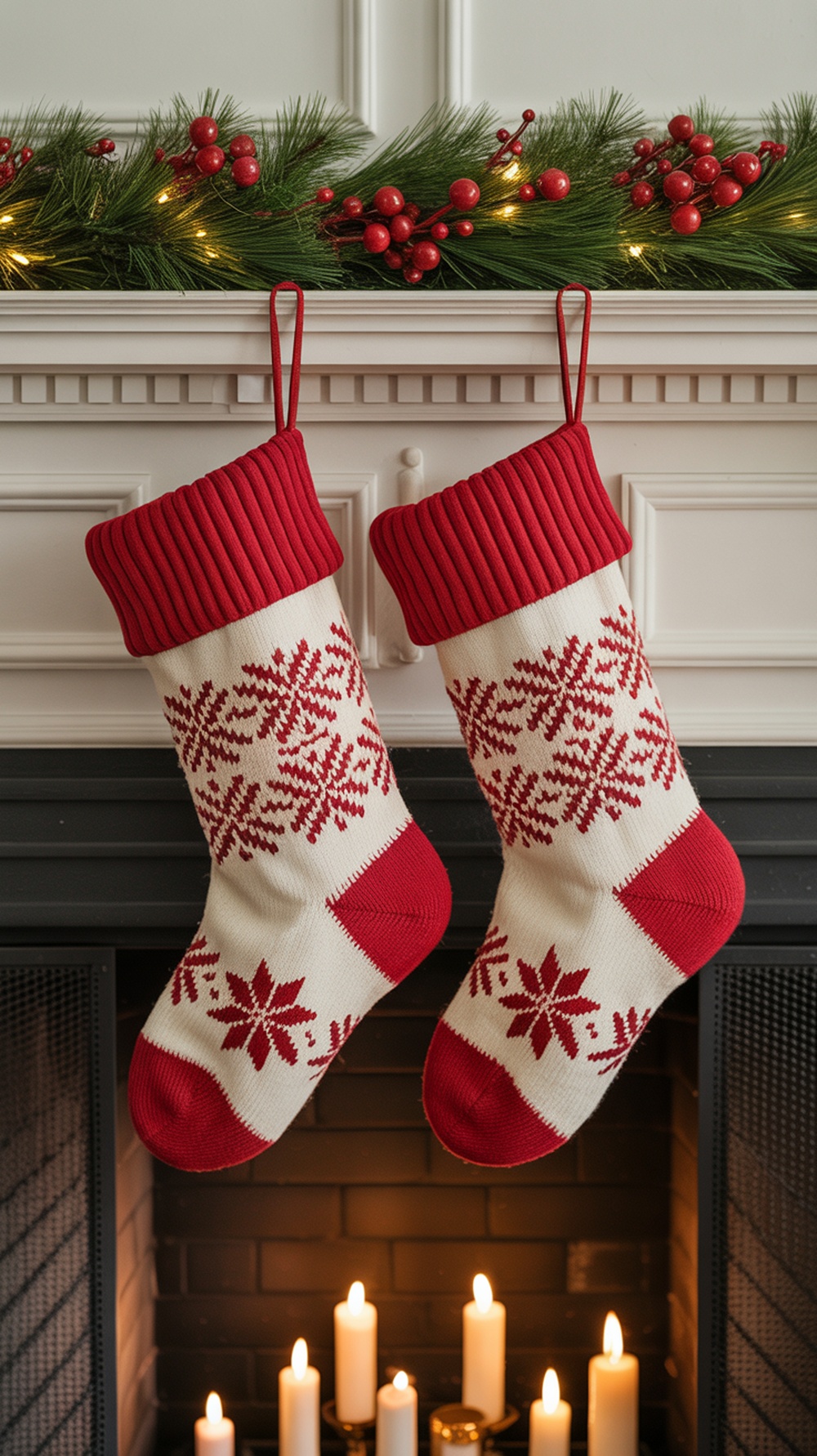 Cozy knit Christmas stockings hanging above a fireplace, decorated with snowflakes and surrounded by festive greenery and candles.