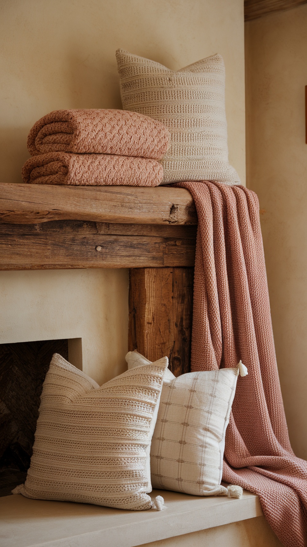 Cozy knit blankets and pillows on a wooden mantel, creating a warm and inviting atmosphere.