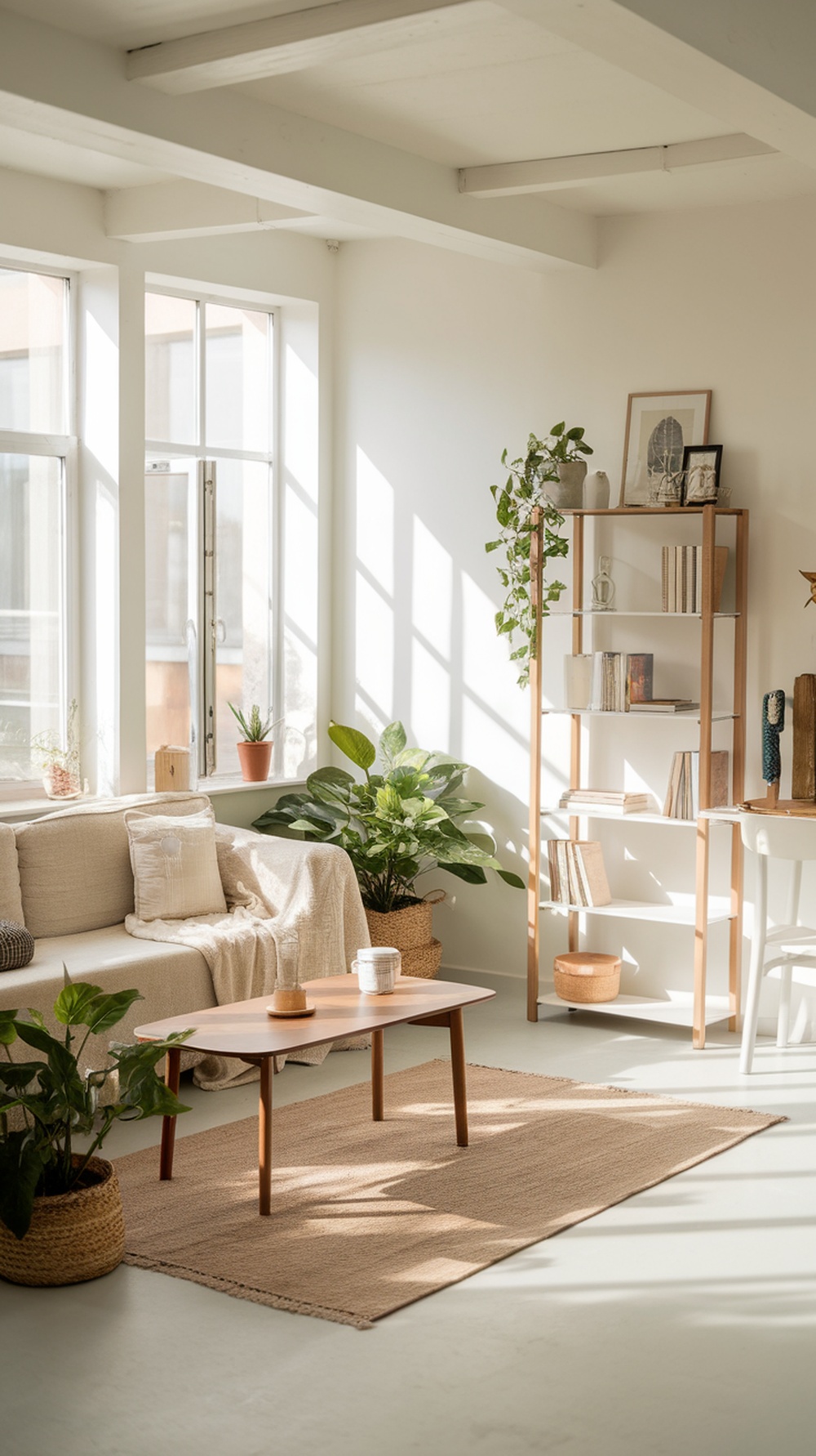 A cozy minimalist living room with a sofa, coffee table, plants, and natural light.