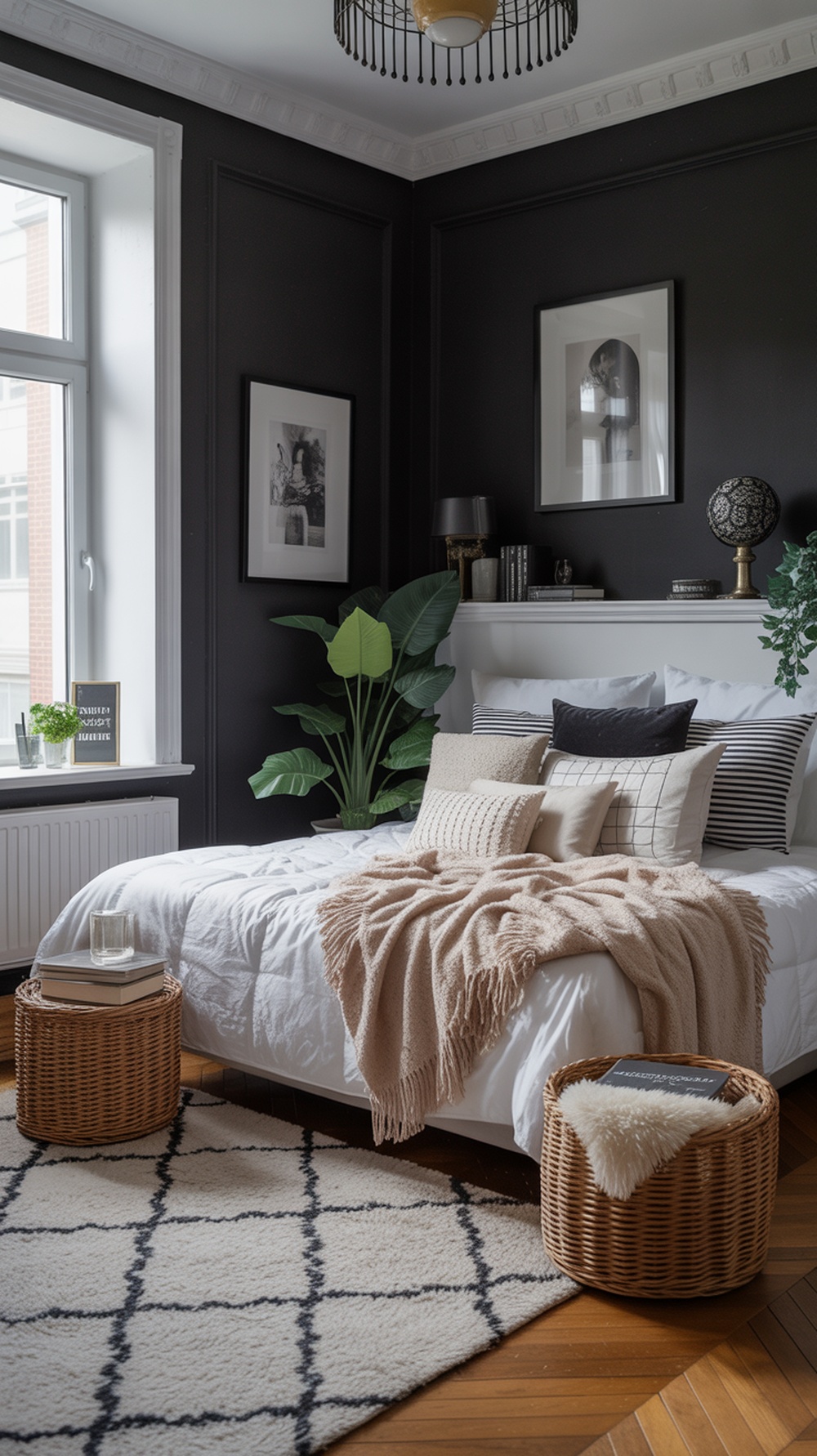 A cozy black and white bedroom nook featuring a bed with various textured pillows and a knitted throw, surrounded by plants and stylish decor.