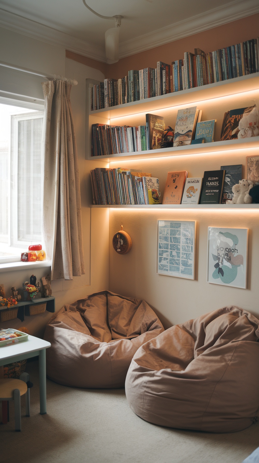 A cozy reading nook in a child's bedroom featuring bean bags, bookshelves filled with colorful books, and warm lighting.