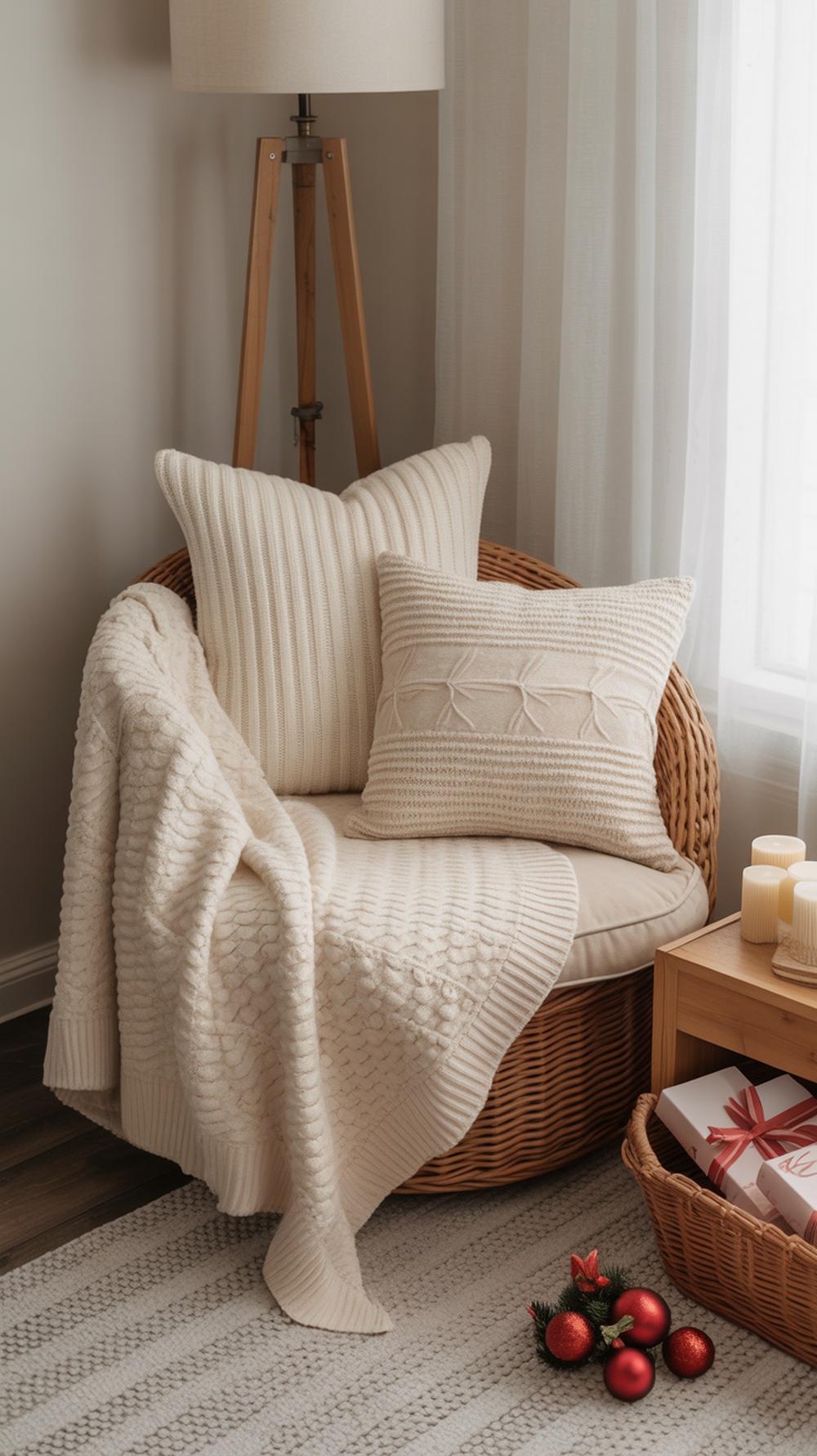 A cozy chair with white knit pillows and a blanket, accompanied by a wooden lamp and festive decorations.