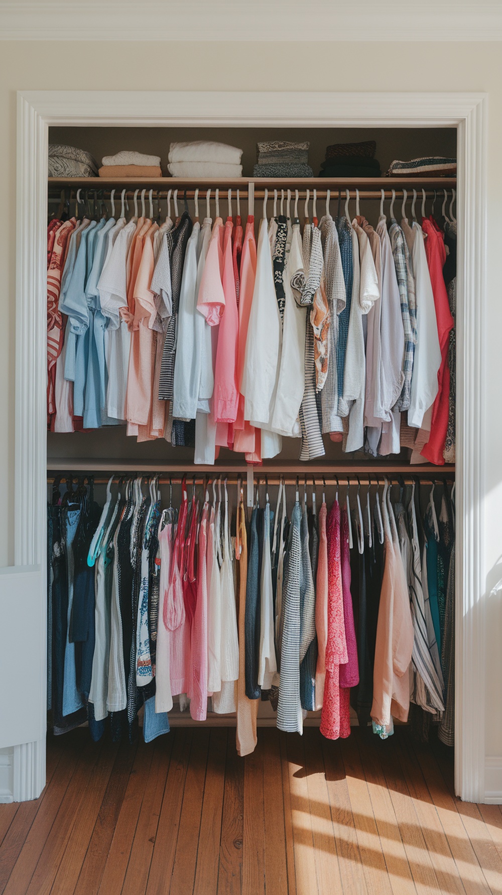 A well-organized small walk-in closet showcasing color-coded clothing.