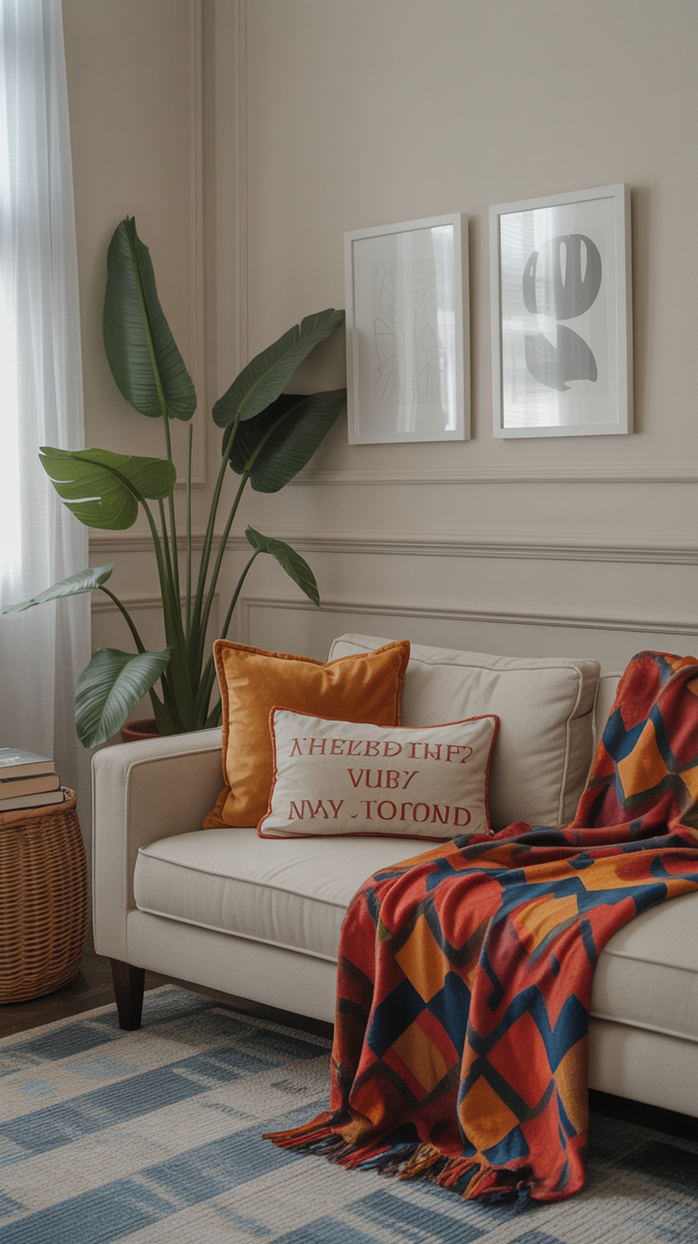 Cozy living room nook with colorful pillows, a blanket, and a plant.