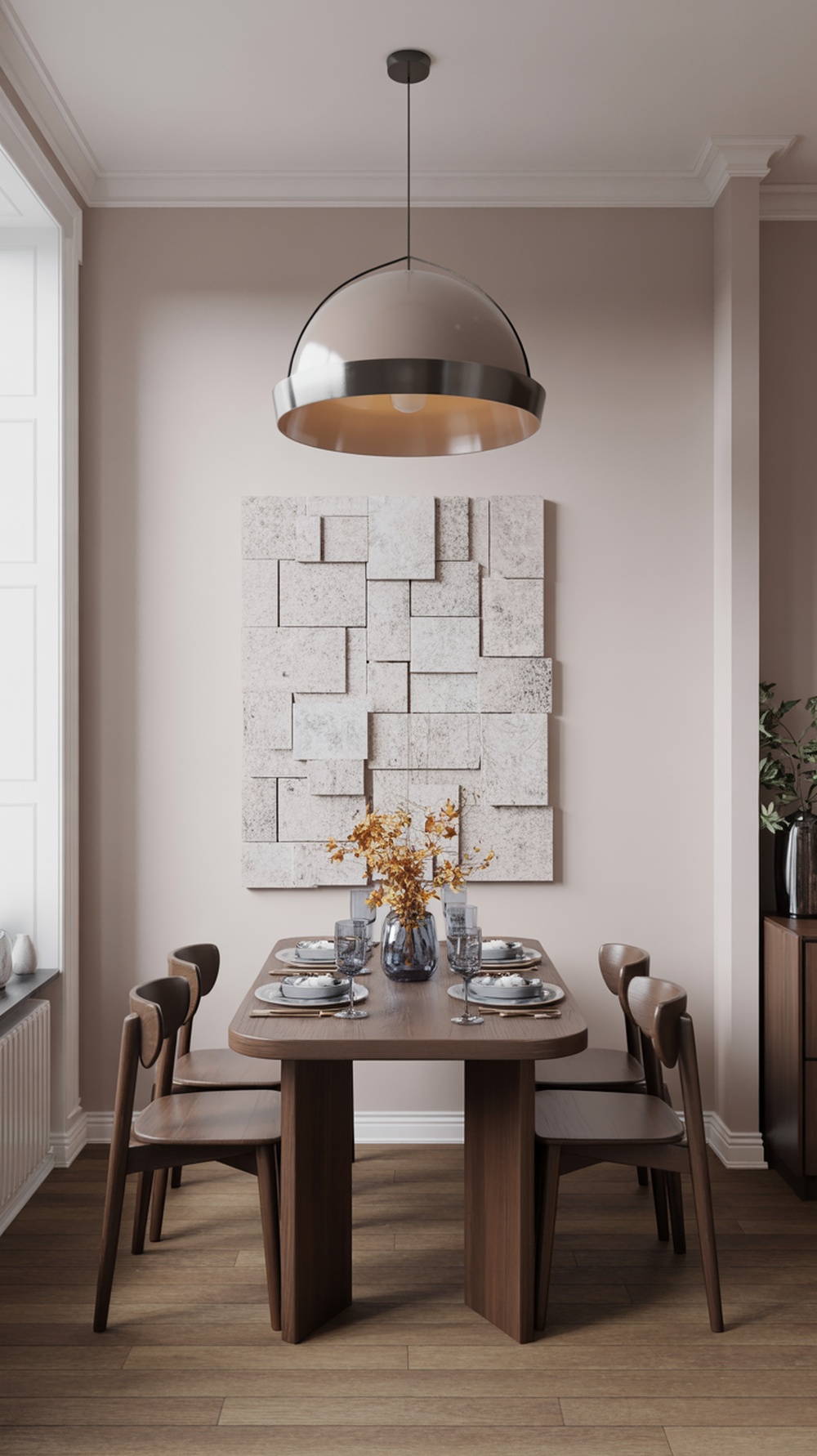 A small dining room featuring a wooden table, chairs, and a textured wall art piece.