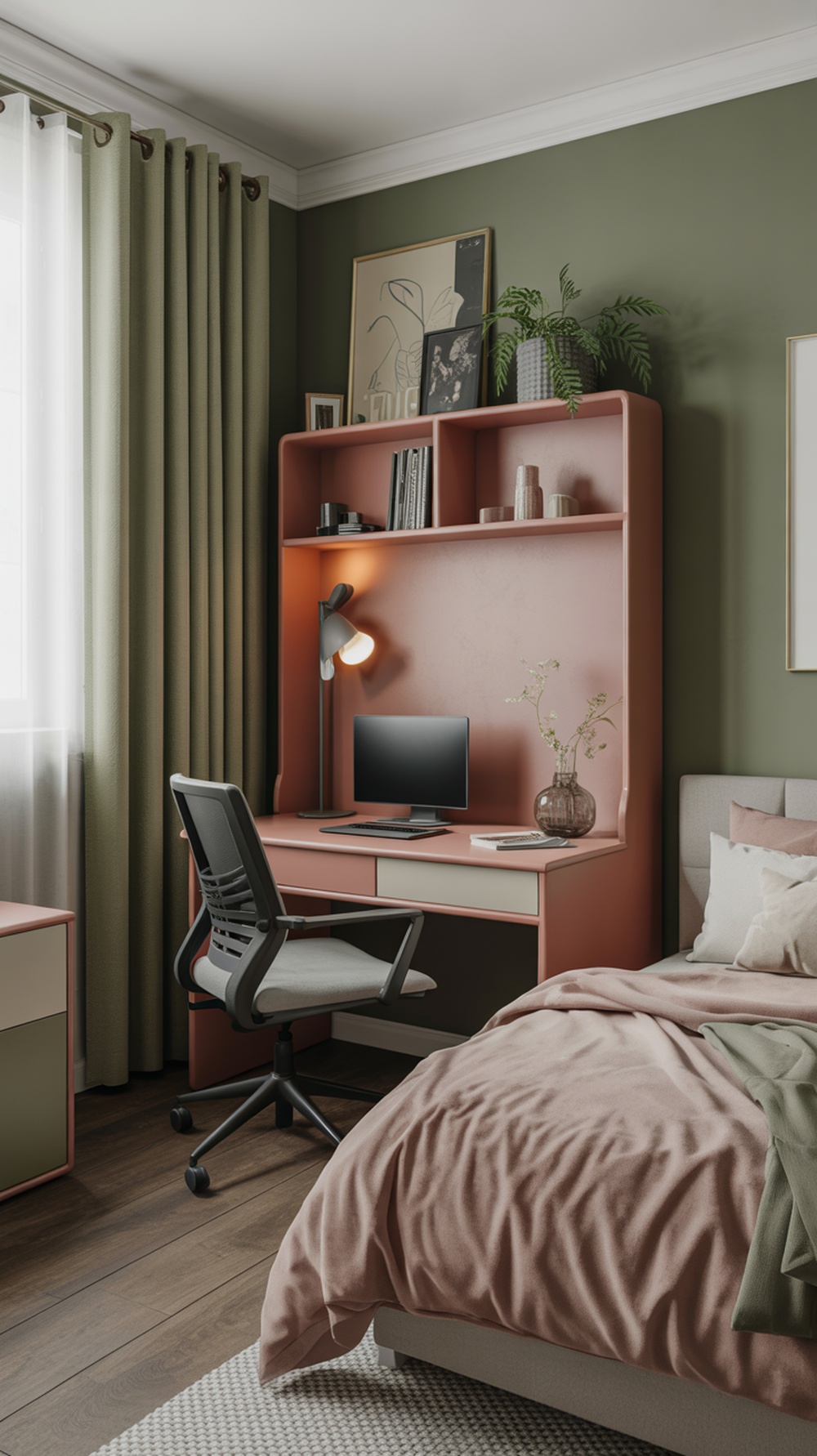 A small bedroom workspace featuring a desk, chair, and decorative shelves.