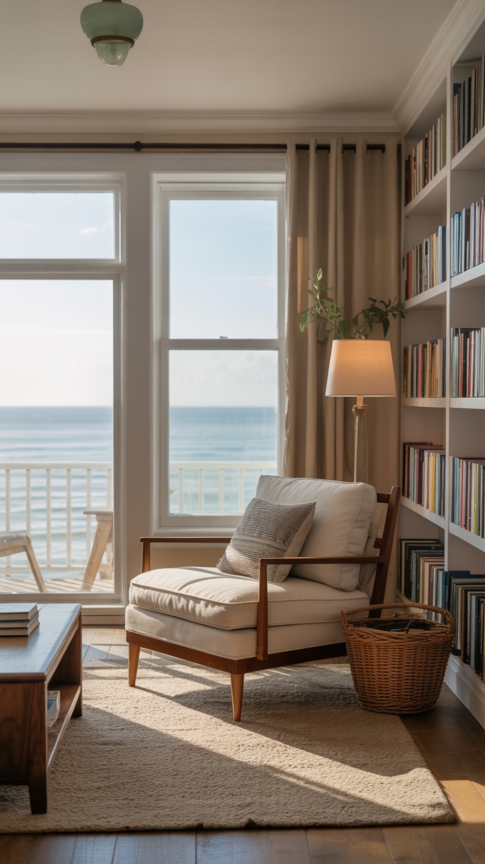 Cozy reading nook in a coastal living room with a chair, lamp, and ocean view.