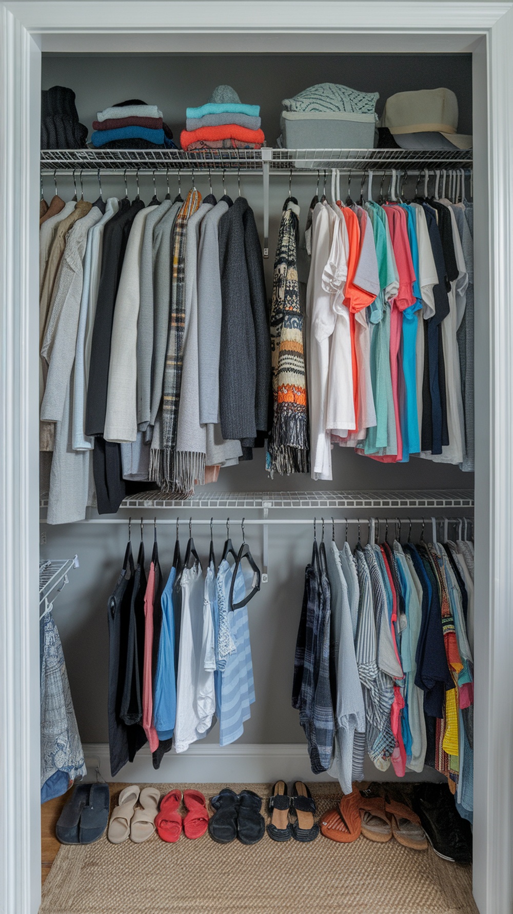 A well-organized small walk-in closet with seasonal clothing neatly arranged on hangers and shelves.