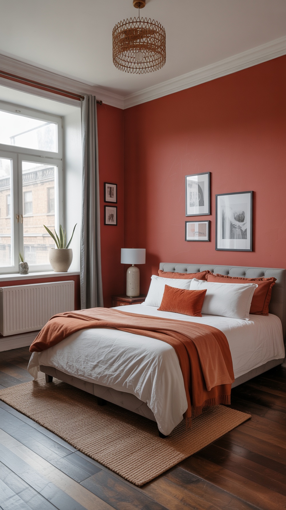 A cozy small bedroom featuring a statement wall in a warm color with decorative elements.