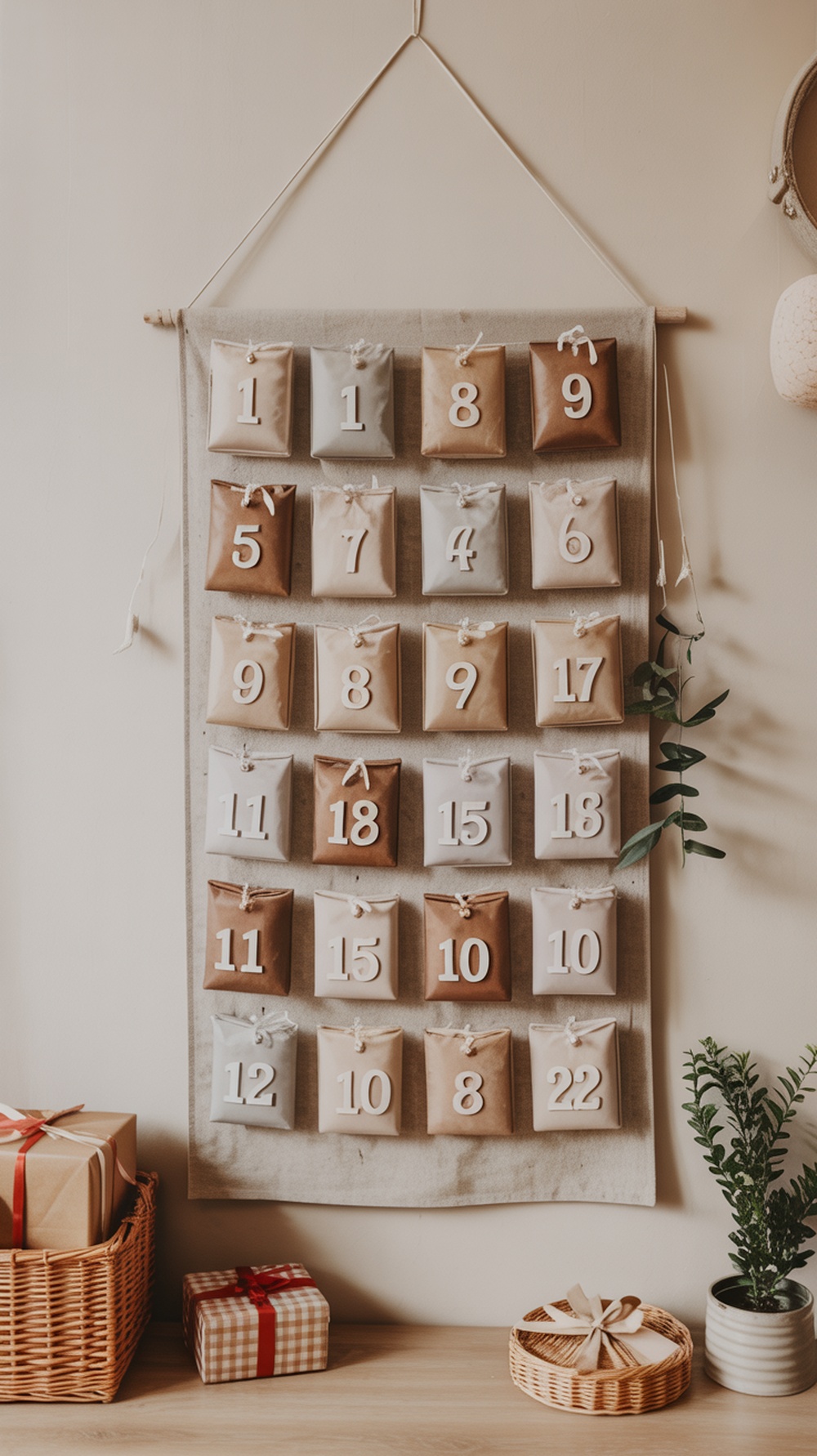 A boho-style advent calendar with wrapped packages hanging on a wall.