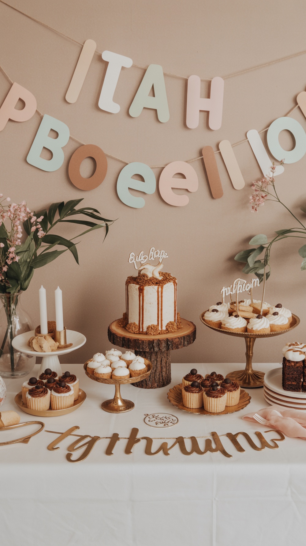 A boho Thanksgiving dessert display featuring a decorated cake, cupcakes, and cookies on wooden stands, with a colorful banner and greenery.
