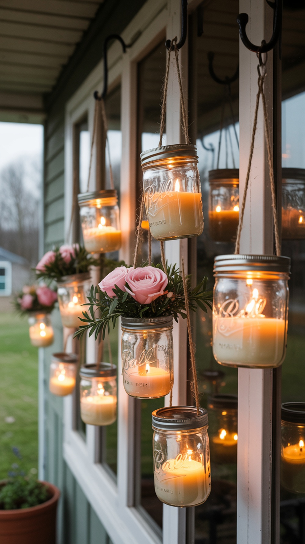 Mason jar lanterns hanging on a porch with candles and flowers