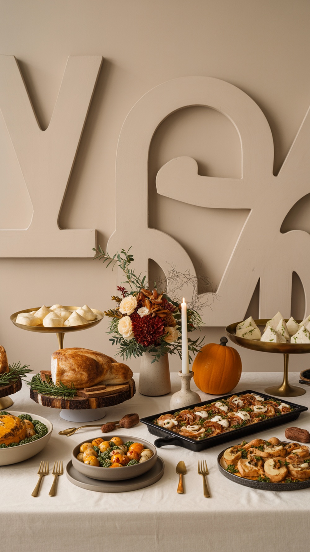 A beautifully arranged Thanksgiving table with a turkey, sides, and floral decor.