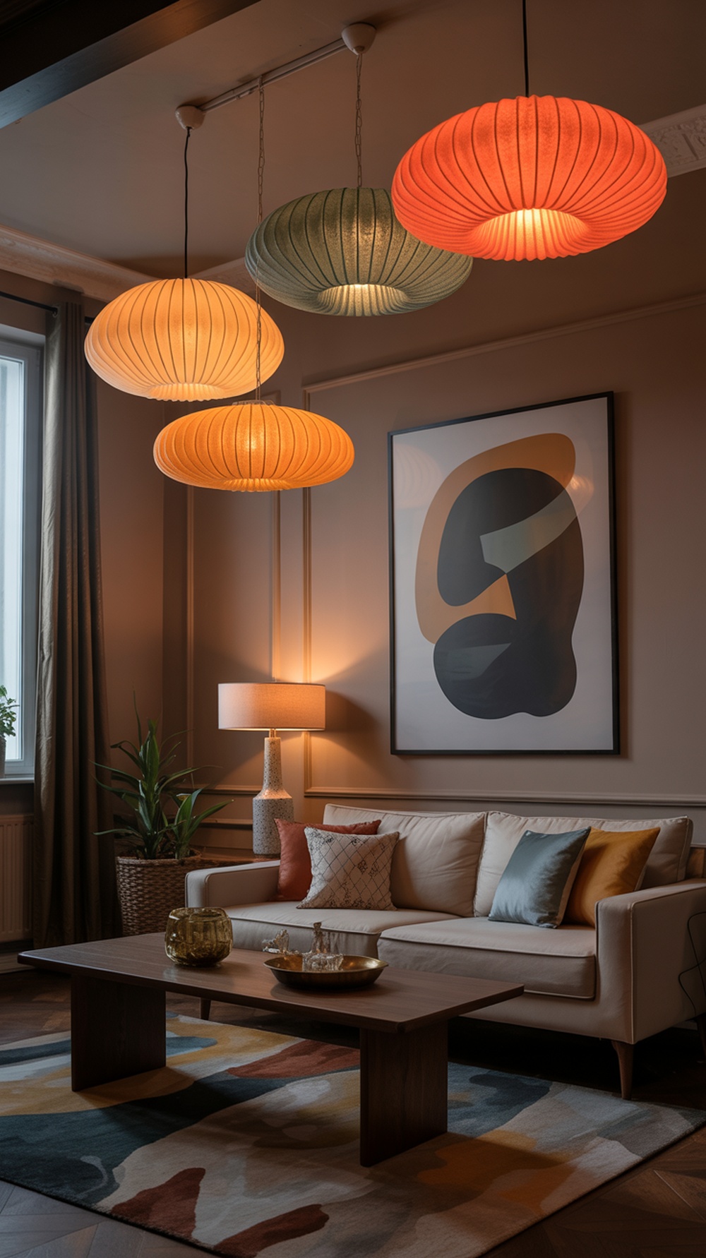 Colorful pendant lights hanging in a stylish living room with a modern design.
