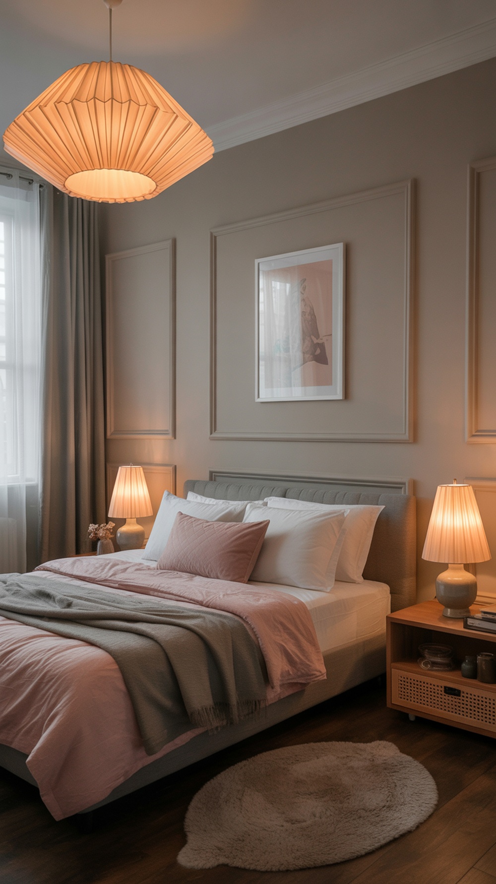 A cozy small bedroom with warm lighting, featuring a stylish pendant lamp and table lamps.