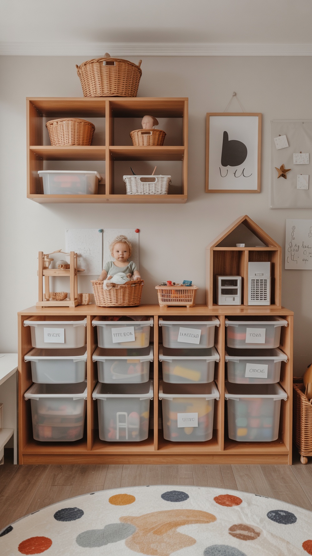 A well-organized kids playroom with storage bins and baskets.