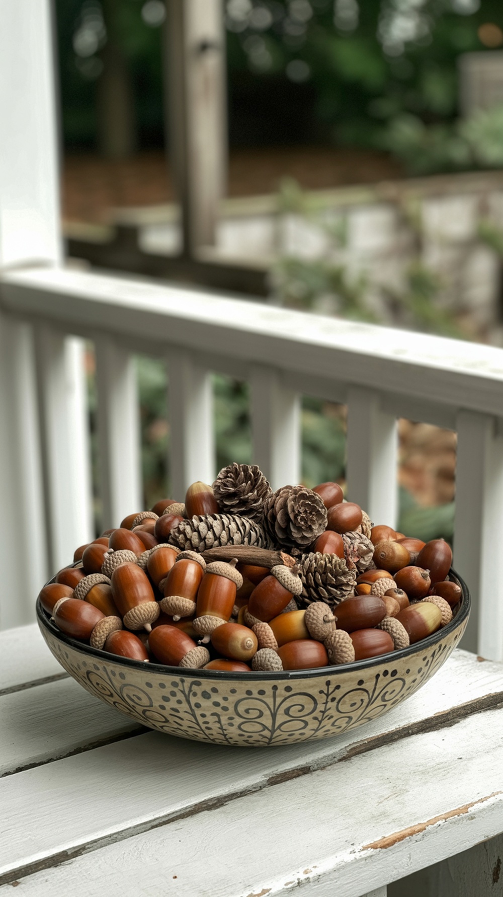 A bowl filled with acorns and pinecones on a porch table.
